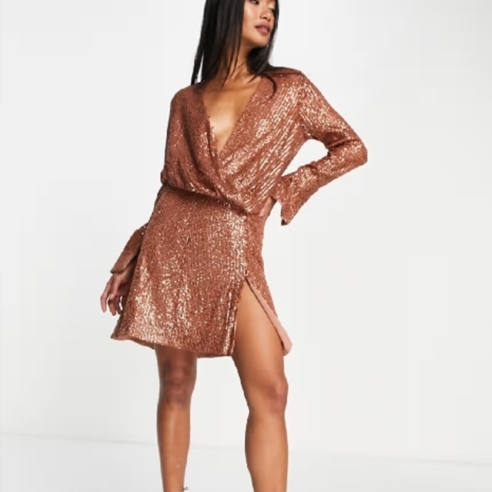 Elegant Sequin Wrap Dress in Bronze